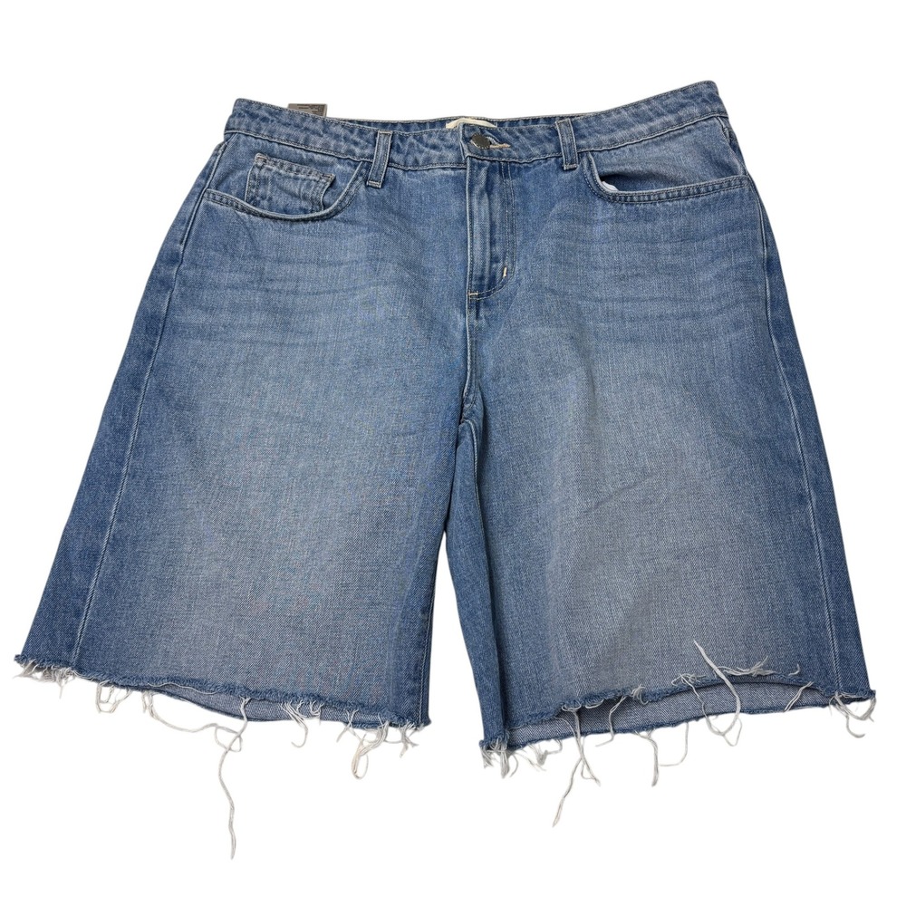 L'AGENCE Bellflower Mid Rise Long Denim Shorts River‎ Blue Raw Hem Womens 30x9